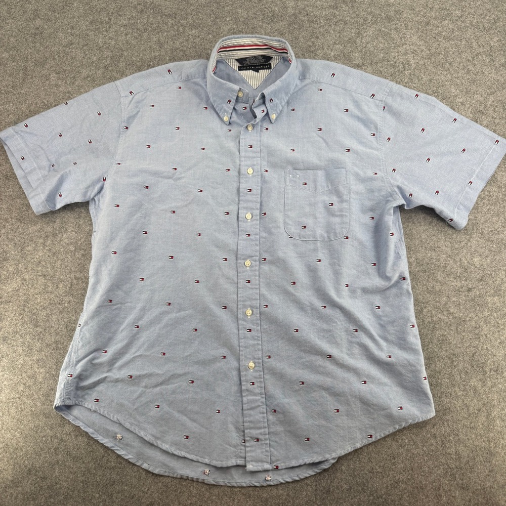 Tommy Hilfiger Mens XL Blue Oxford All Over Flag Logo Short Sleeve Button Shirt